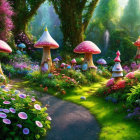 Enchanting fairy-tale garden with mushroom houses and vibrant flowers
