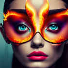 Portrait of a woman with intense blue eyes and fiery flames superimposed for a dramatic artistic look