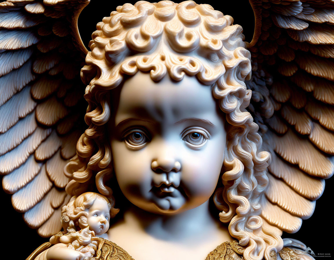 Intricately sculpted angelic figure with expansive wings and smaller figure against dark background