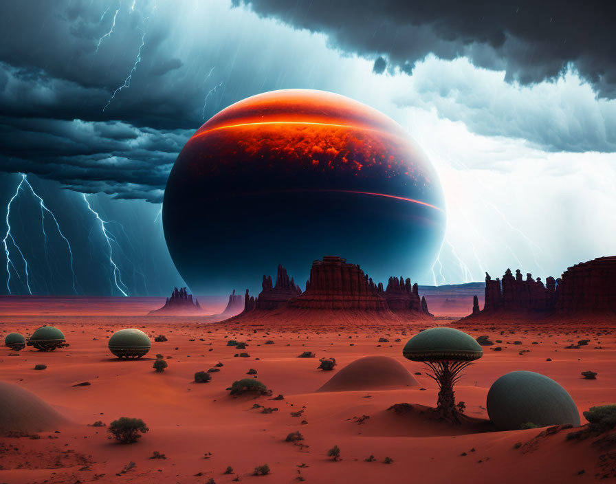 Surreal desert landscape with stormy sky, lightning strikes, giant planet, and futuristic dome structures