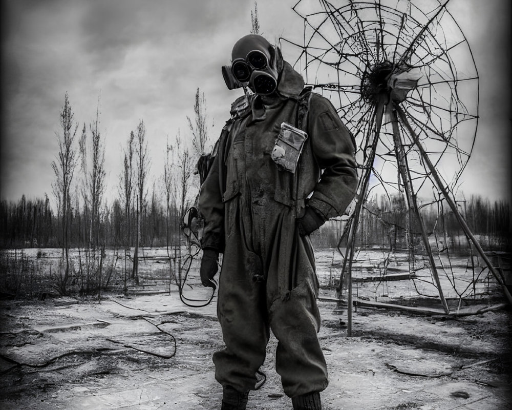 Person in gas mask in front of skeletal structure and trees in post-apocalyptic scene