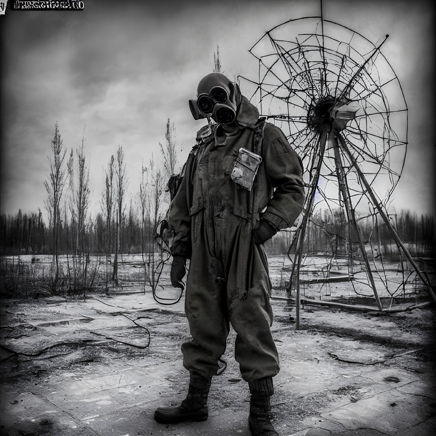 Person in gas mask in front of skeletal structure and trees in post-apocalyptic scene