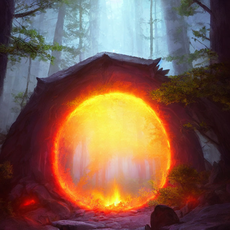 Mystical forest scene with giant glowing orange portal