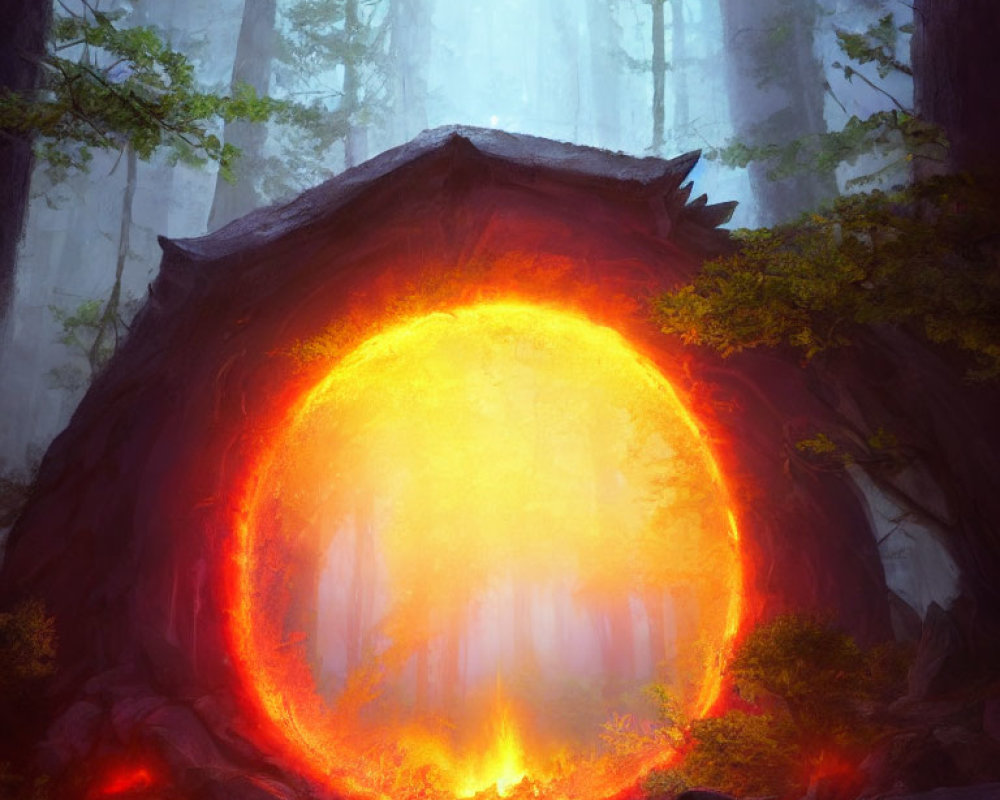 Mystical forest scene with giant glowing orange portal