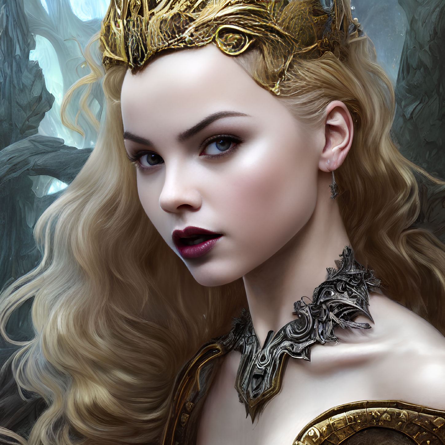 Digital portrait of woman with blonde hair, golden crown, and dark metal necklace