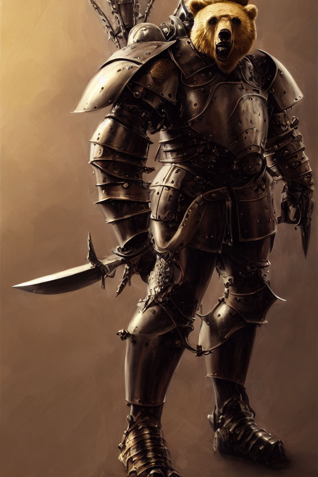 Anthropomorphic bear in medieval armor with sword in warm-toned setting