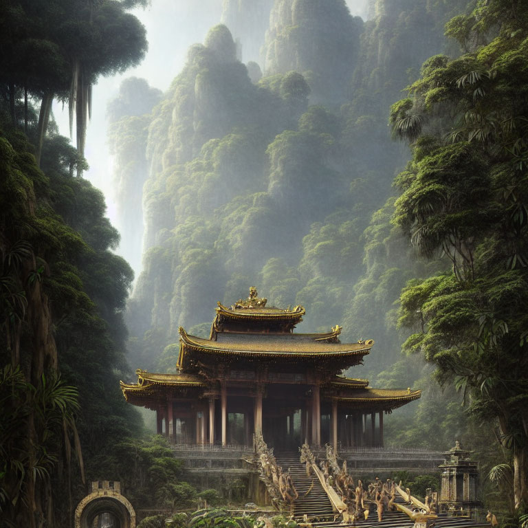 Ancient temple with golden roofs nestled in misty green mountains