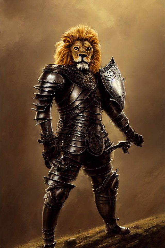 Anthropomorphic lion in knight armor with crest, holding a helmet