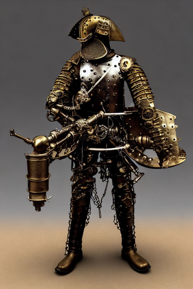 Steampunk knight with cog-driven armor and gadget lance