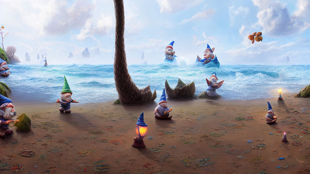 Colorful Beach Scene with Animated Gnomes and Sharks