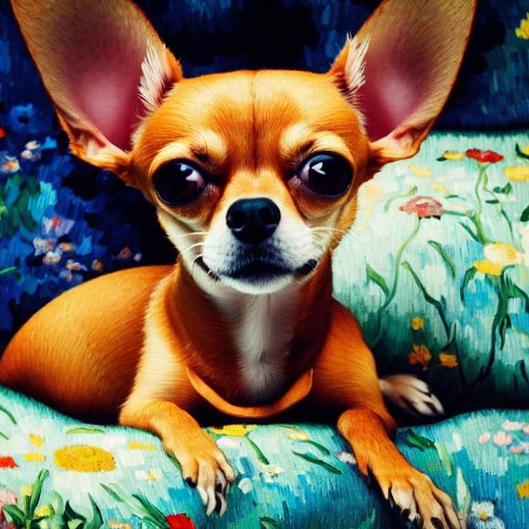 Tan Chihuahua on Floral Cushion with Large Ears