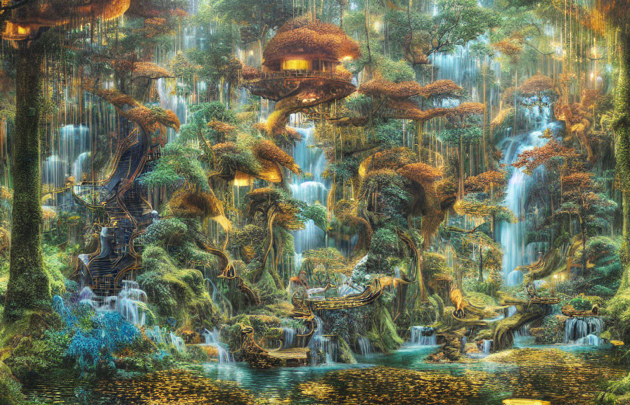 Ethereal forest scene with waterfalls, lush greenery, and treehouse structures