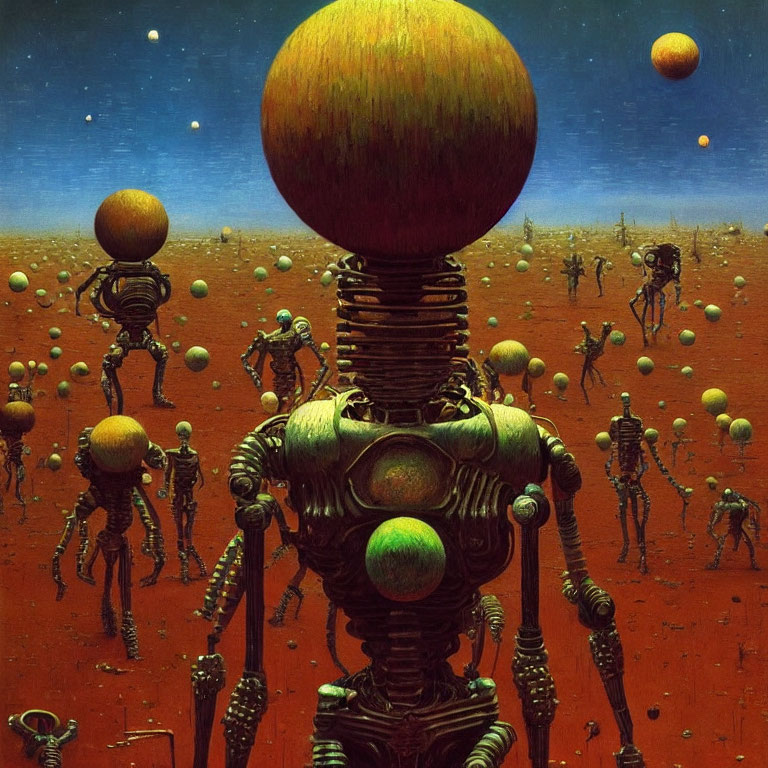 Surreal landscape featuring robotic skeletal figures and orbs under a red sky.