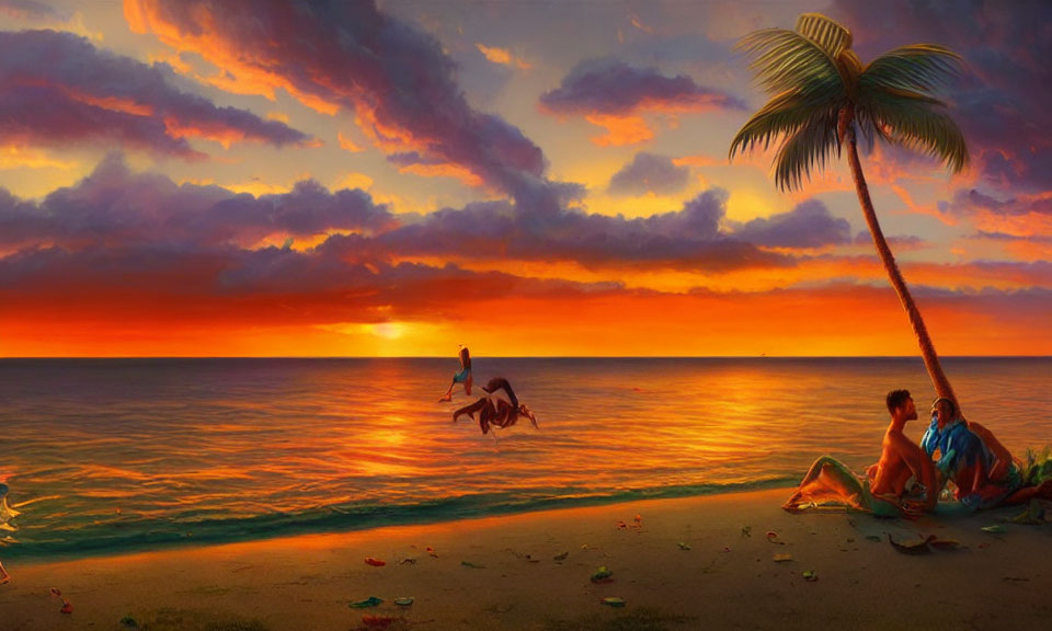 Scenic tropical beach sunset with couple, horseback rider, vibrant sky, and gentle waves