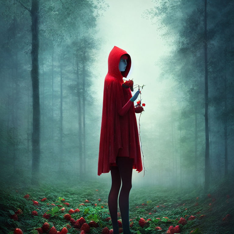 Person in Red Hooded Cape with Key in Misty Forest among Red Flowers