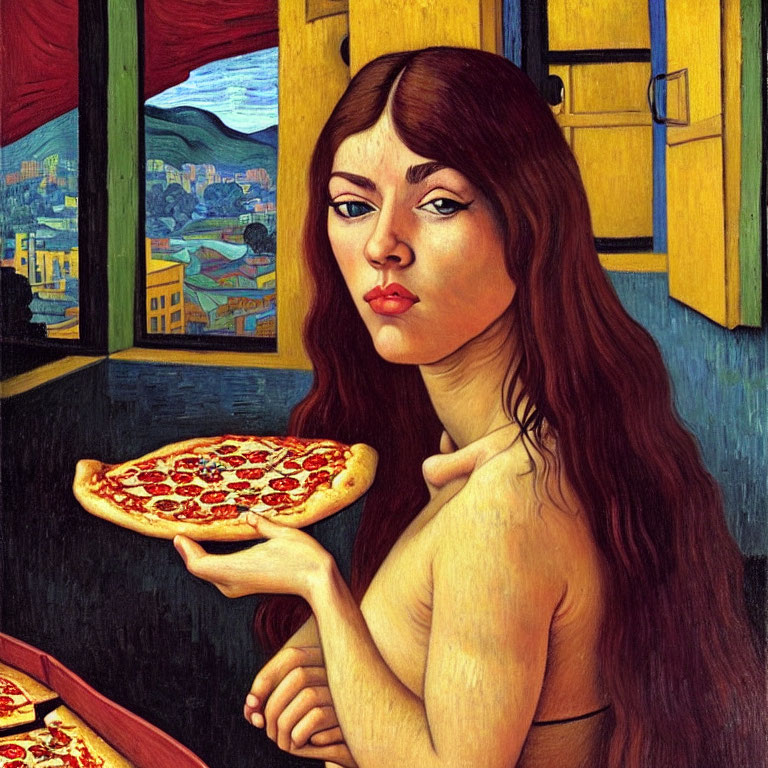 Reddish-Haired Woman Holding Pepperoni Pizza against Colorful Background