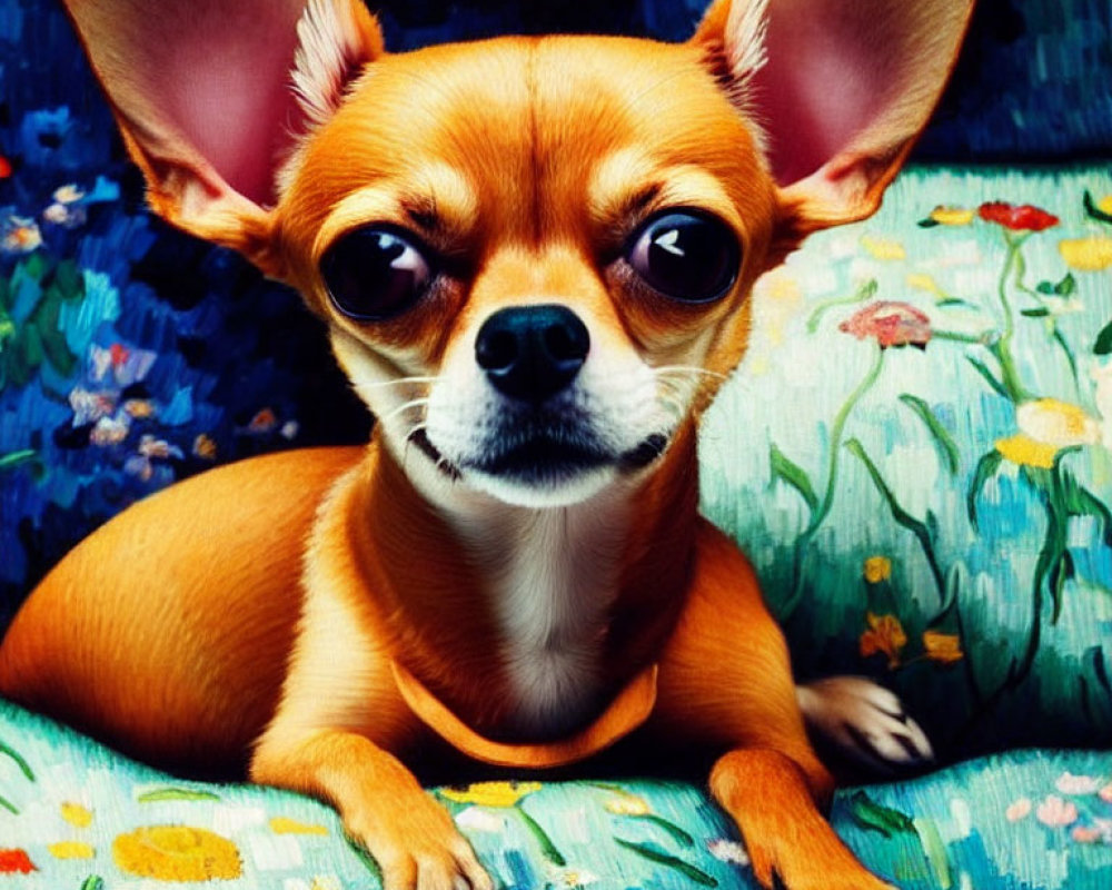 Tan Chihuahua on Floral Cushion with Large Ears