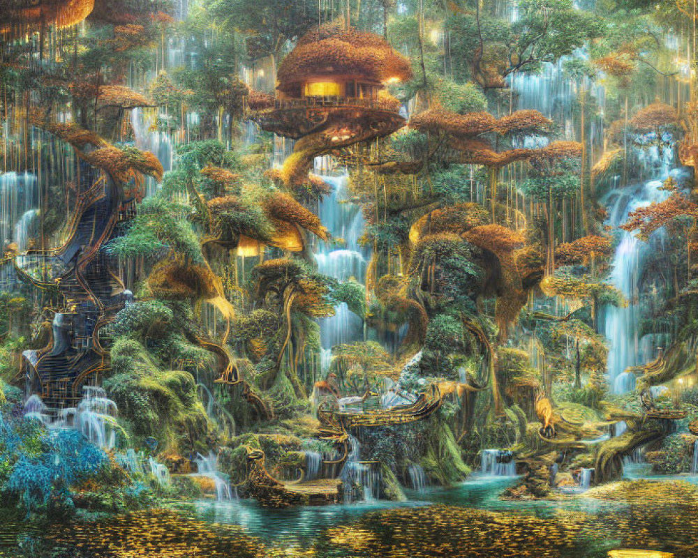 Ethereal forest scene with waterfalls, lush greenery, and treehouse structures