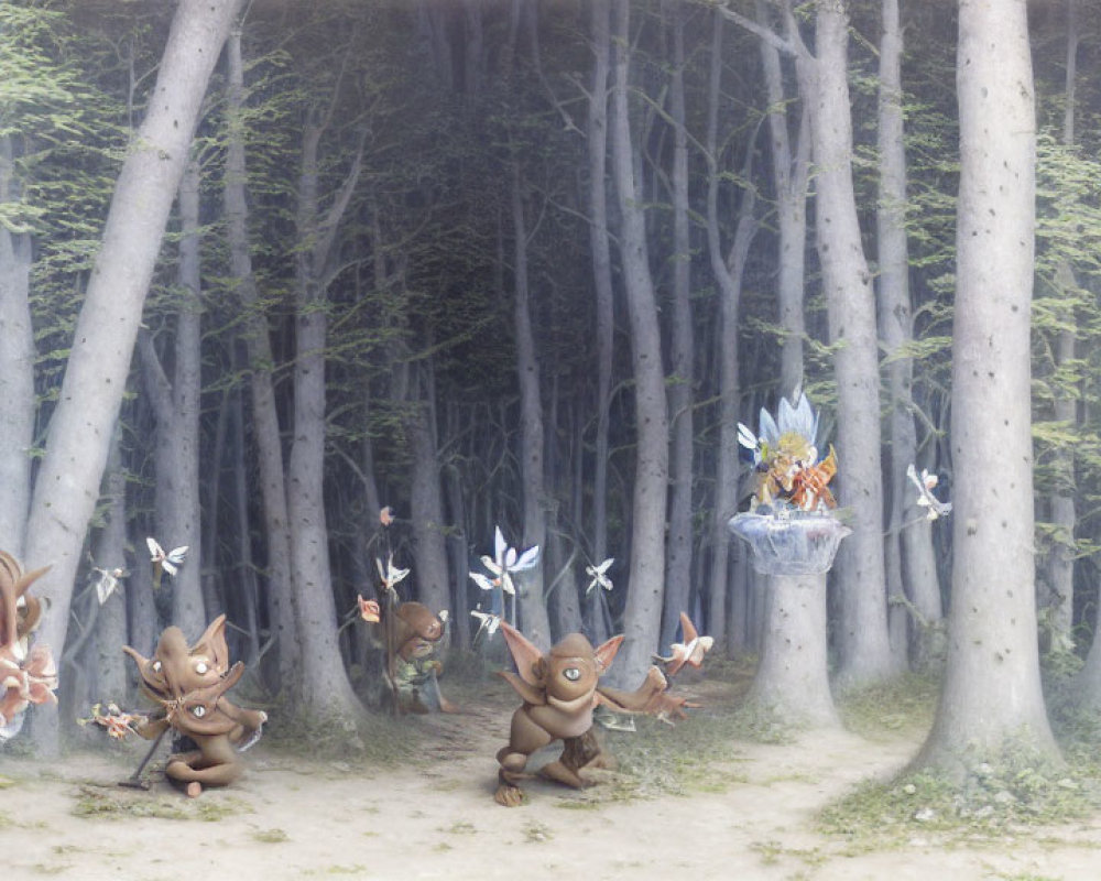 Whimsical creatures in misty forest with dancing figures and bluebird rider