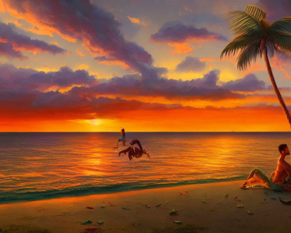 Scenic tropical beach sunset with couple, horseback rider, vibrant sky, and gentle waves