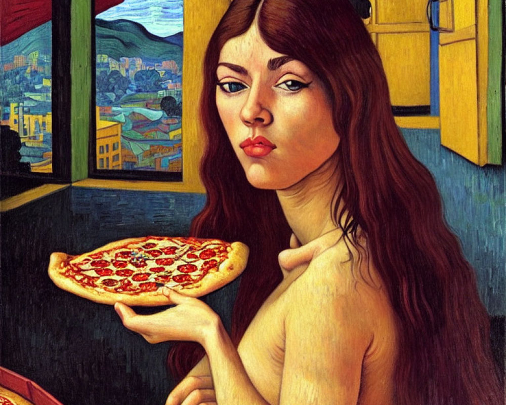 Reddish-Haired Woman Holding Pepperoni Pizza against Colorful Background