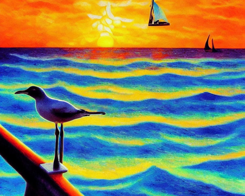 Vivid sunset seascape with seagull, sailboats, and fluffy clouds