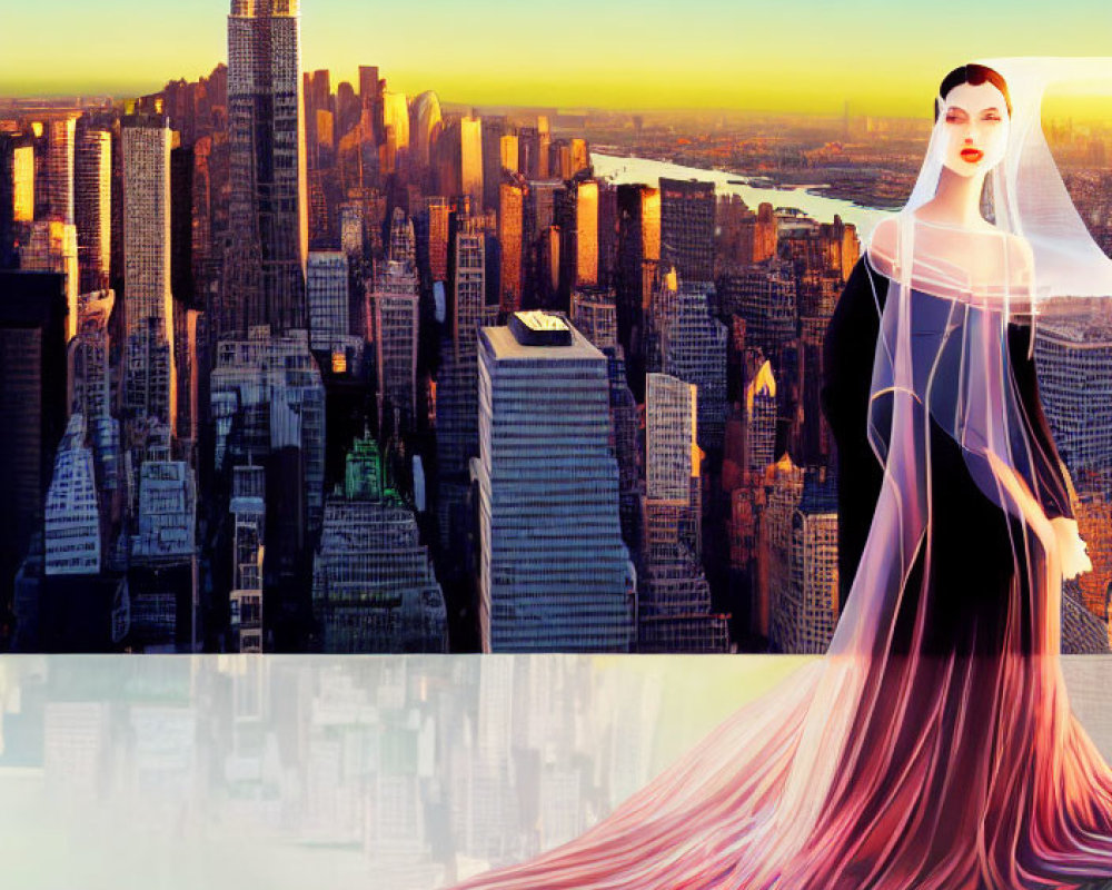 Stylized woman in red dress on cityscape with Empire State Building at sunset