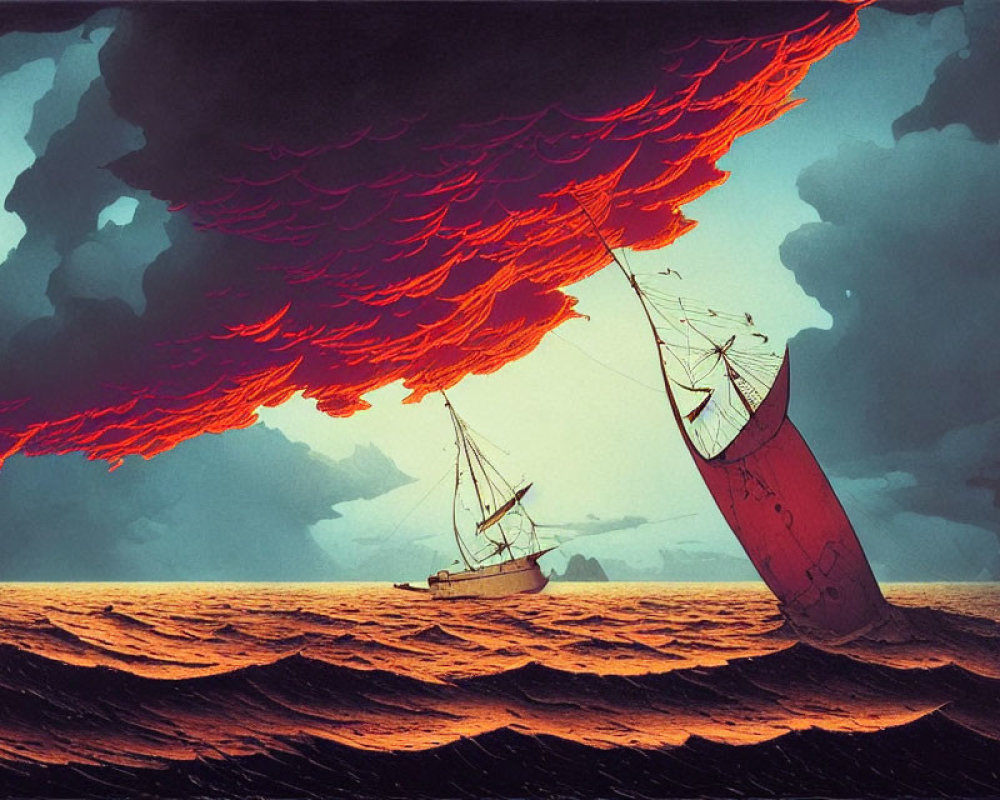 Stylized shipwreck scene with capsizing vessel in turbulent waves and fiery stormy sky