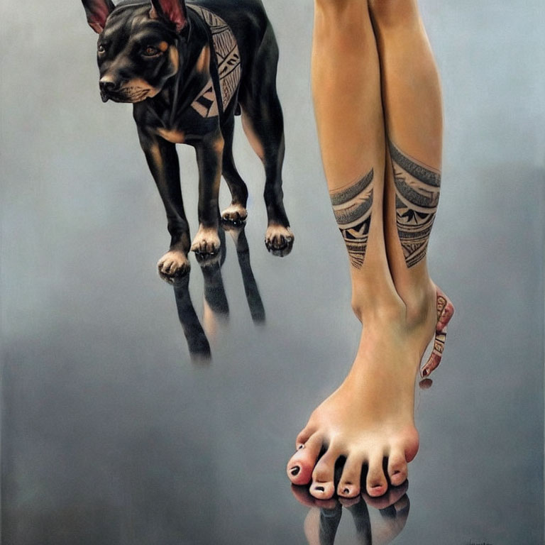 Realistic painting of tattooed dog and person's legs with tribal designs on grey backdrop