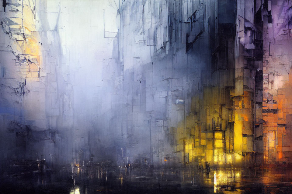 Abstract Cityscape Painting with Cool and Warm Tones, Geometric Shapes, Fog, and Water Reflection