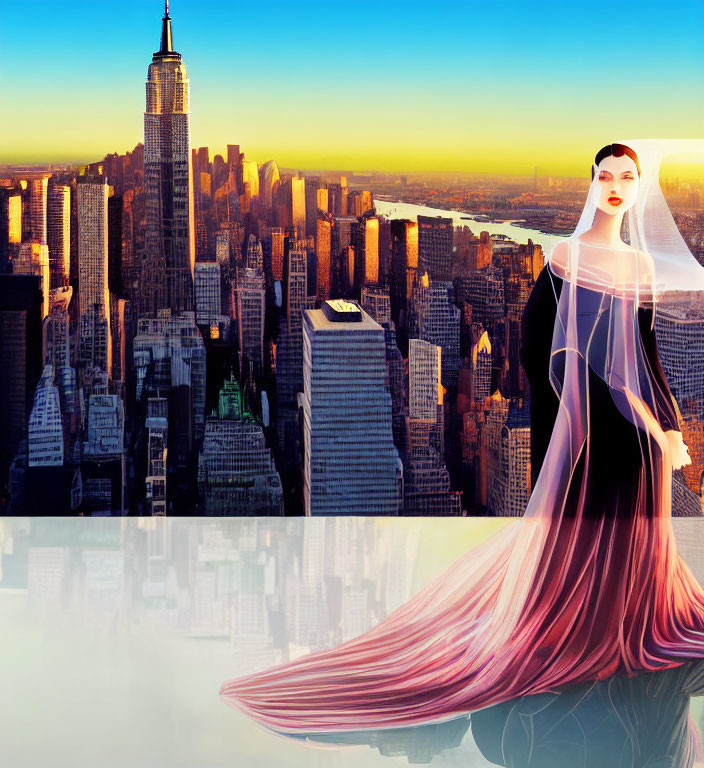 Stylized woman in red dress on cityscape with Empire State Building at sunset