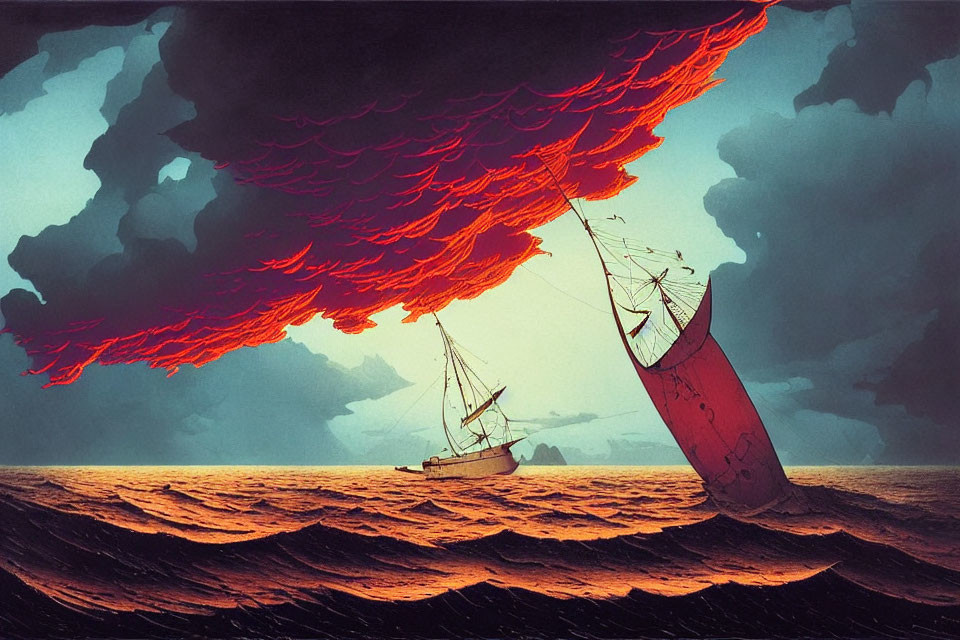 Stylized shipwreck scene with capsizing vessel in turbulent waves and fiery stormy sky