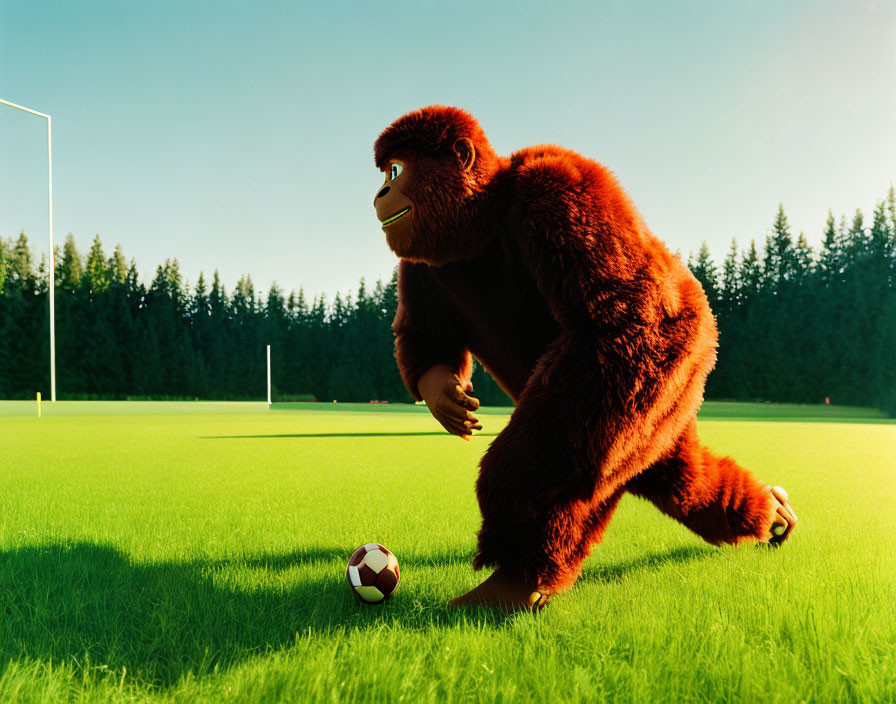 Digital illustration: Ape kicking football on sunny soccer field