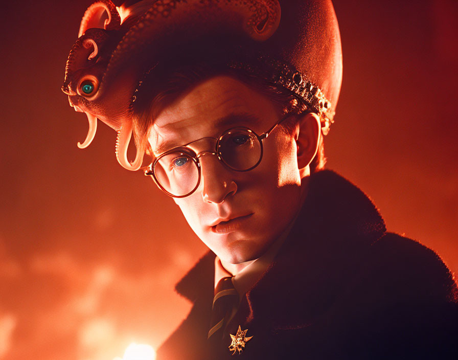 Person with Round Glasses Wearing Octopus Hat on Red Smoky Background