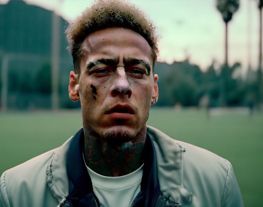 Blonde-haired man with face tattoos and palm trees in background