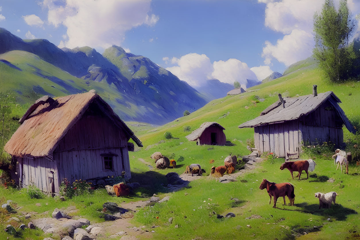 Rustic wooden cabins in lush alpine valley with grazing cattle and horses.