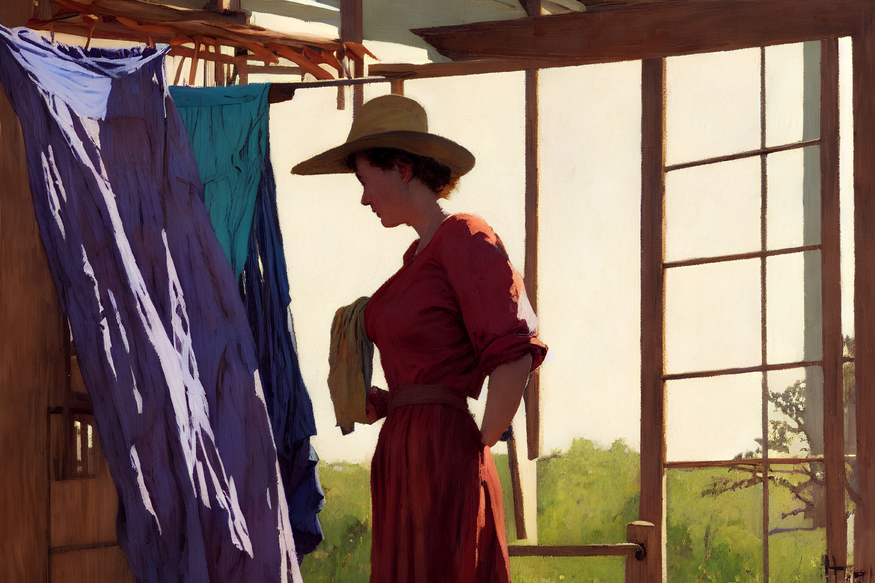 Woman in red dress and wide-brimmed hat by hanging laundry on sunny day