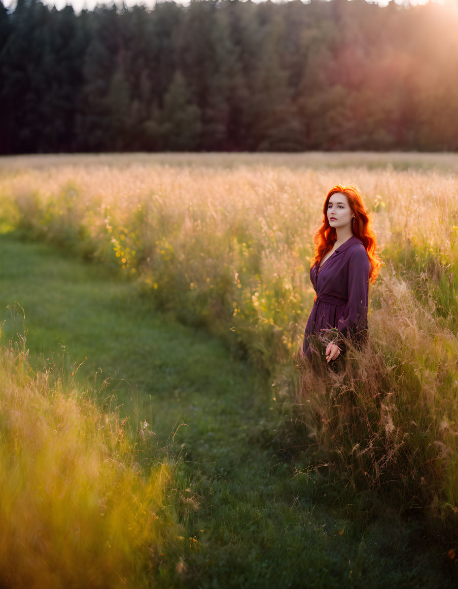 Red-haired woman in purple dress in sunlit field.