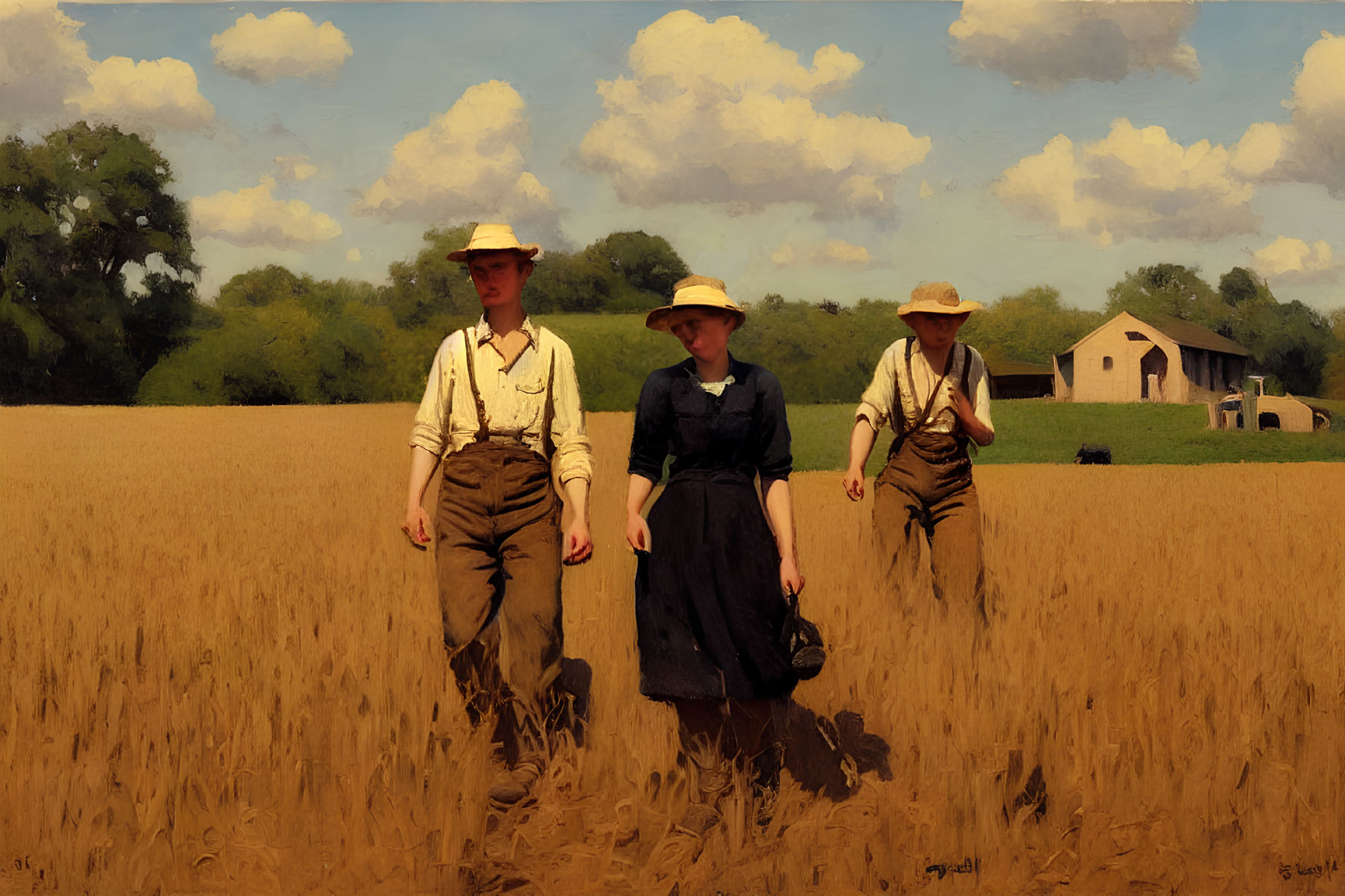 Three People Walking in Golden Wheat Field with Barn and Cloudy Sky