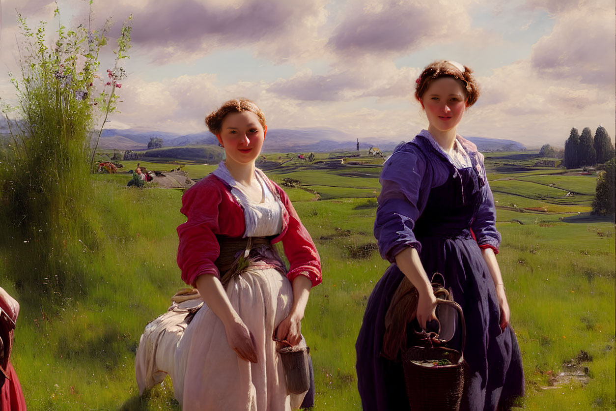 Traditional rural attire women in lush landscape with fields and mountains.