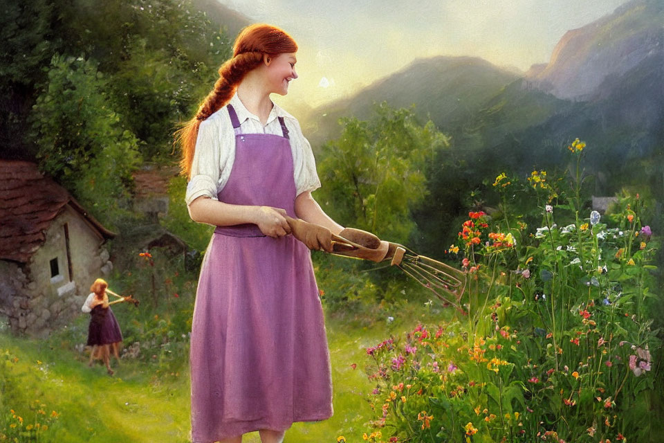 Red-haired woman in purple apron with rake in garden, child near cottage