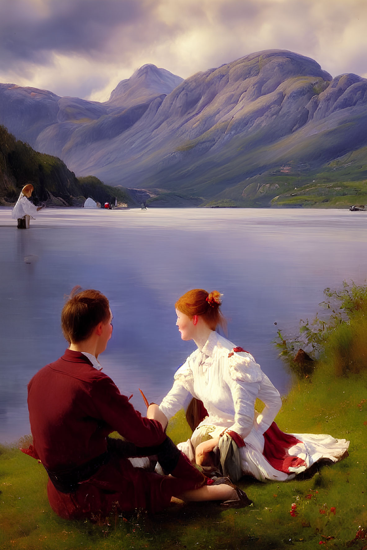 Vintage-dressed couple conversing by serene lake with mountains in background