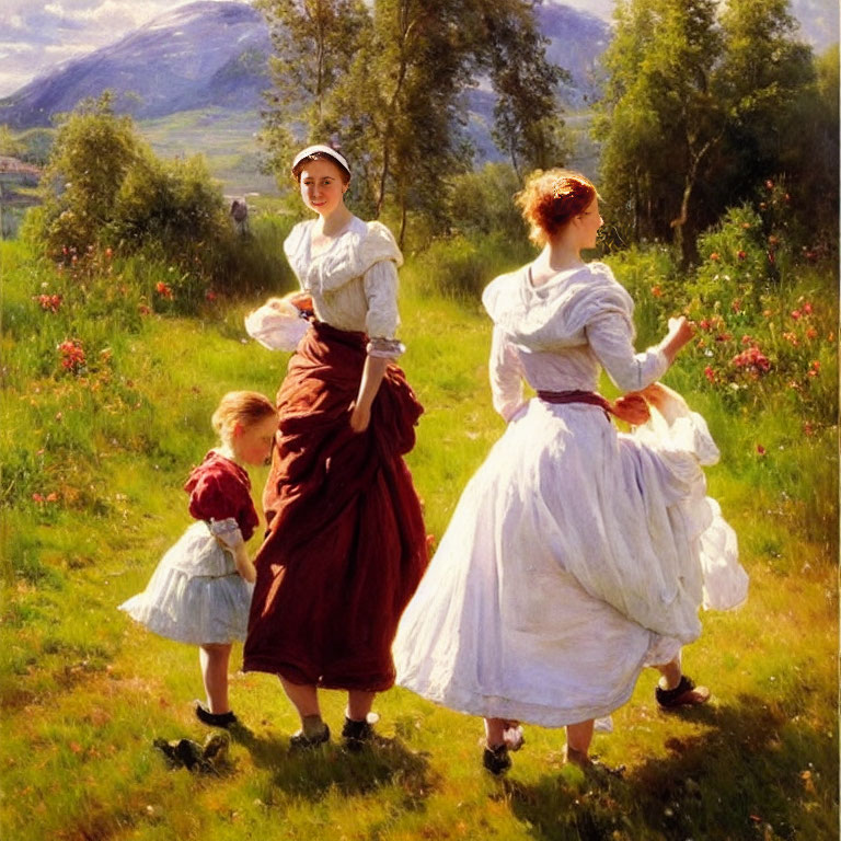 Two women and child in traditional attire in rural landscape with mountains.