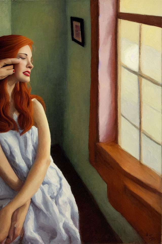 Red-haired woman in white dress by window with painting in background