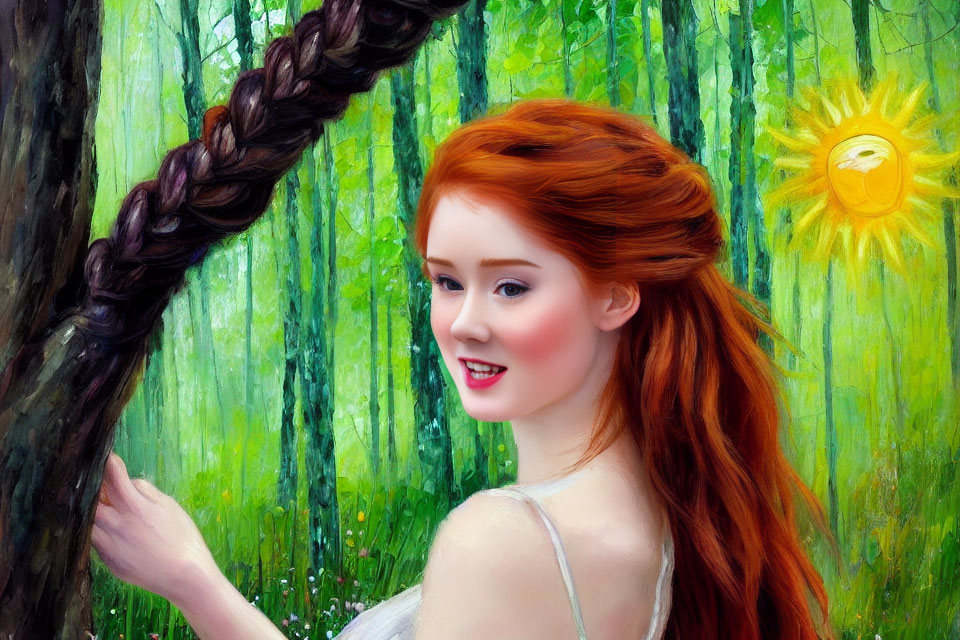 Red-haired woman smiling in whimsical forest with twisted tree branch and stylized sun.