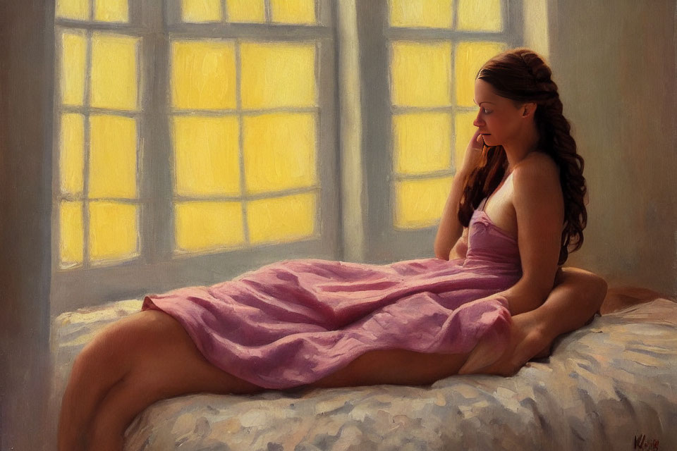 Woman in Pink Dress Sitting on Bed in Warm Light