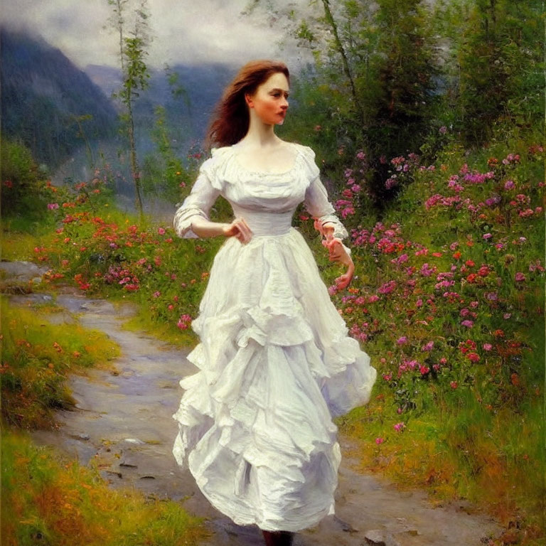 Woman in white vintage dress walking through lush garden with pink flowers