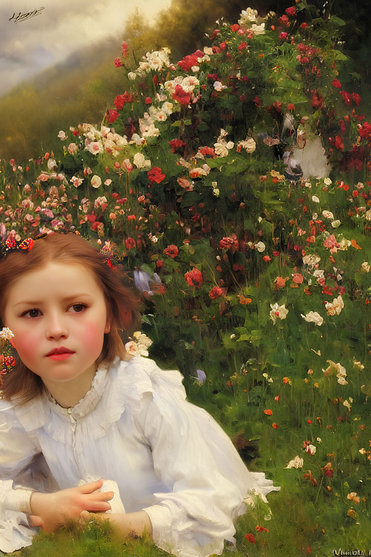 Young girl with fair skin in lush garden with colorful flowers and butterflies