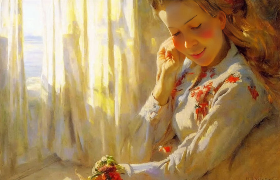 Portrait of a woman in white blouse with red flowers, smiling gently in sunlight.