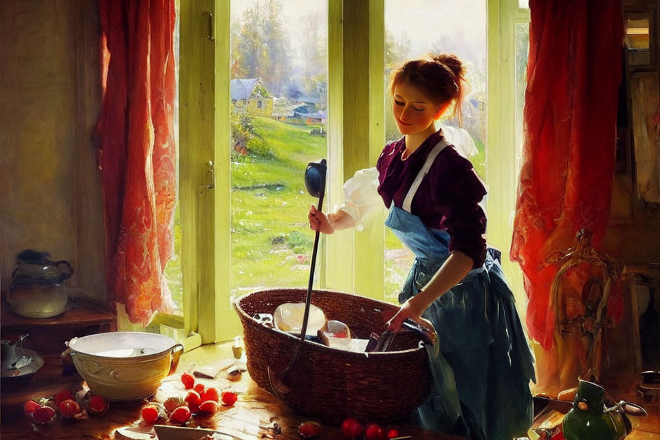 Vintage-dressed woman churns butter in sunny room with apples and kitchenware